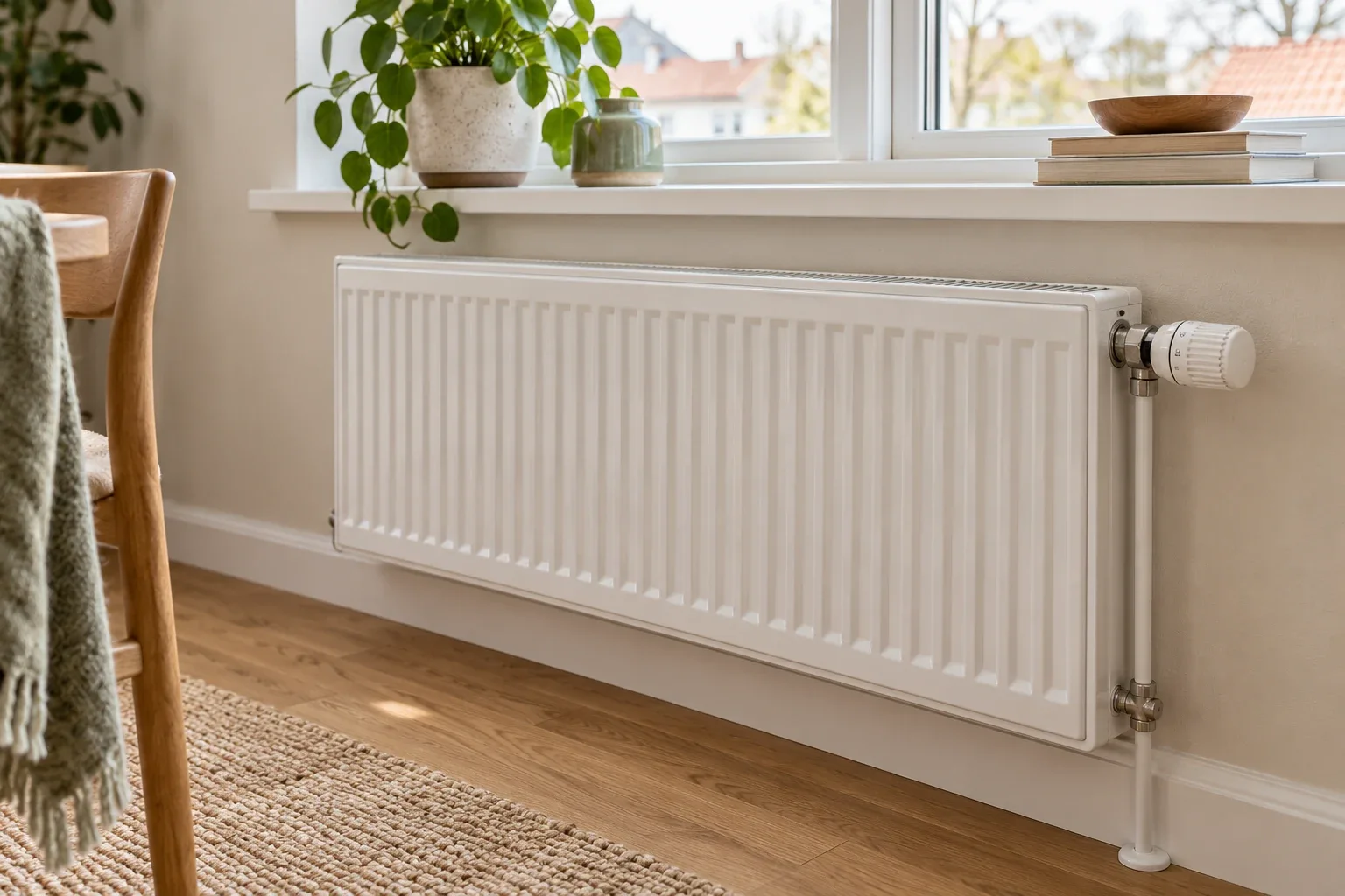 Hvid panelradiator med en intakt mekanisk termostat under et vindue